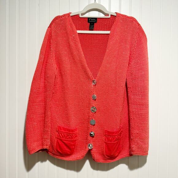 Pure Handknit Sweaters - Pure Handknit Coral Cardigan Sweater Artsy Buttons Lagenlook Size XL